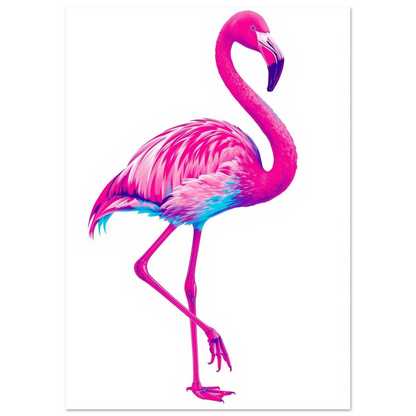 Färgstark djurposter föreställande en flamingo i lila och neonrosa nyanser
