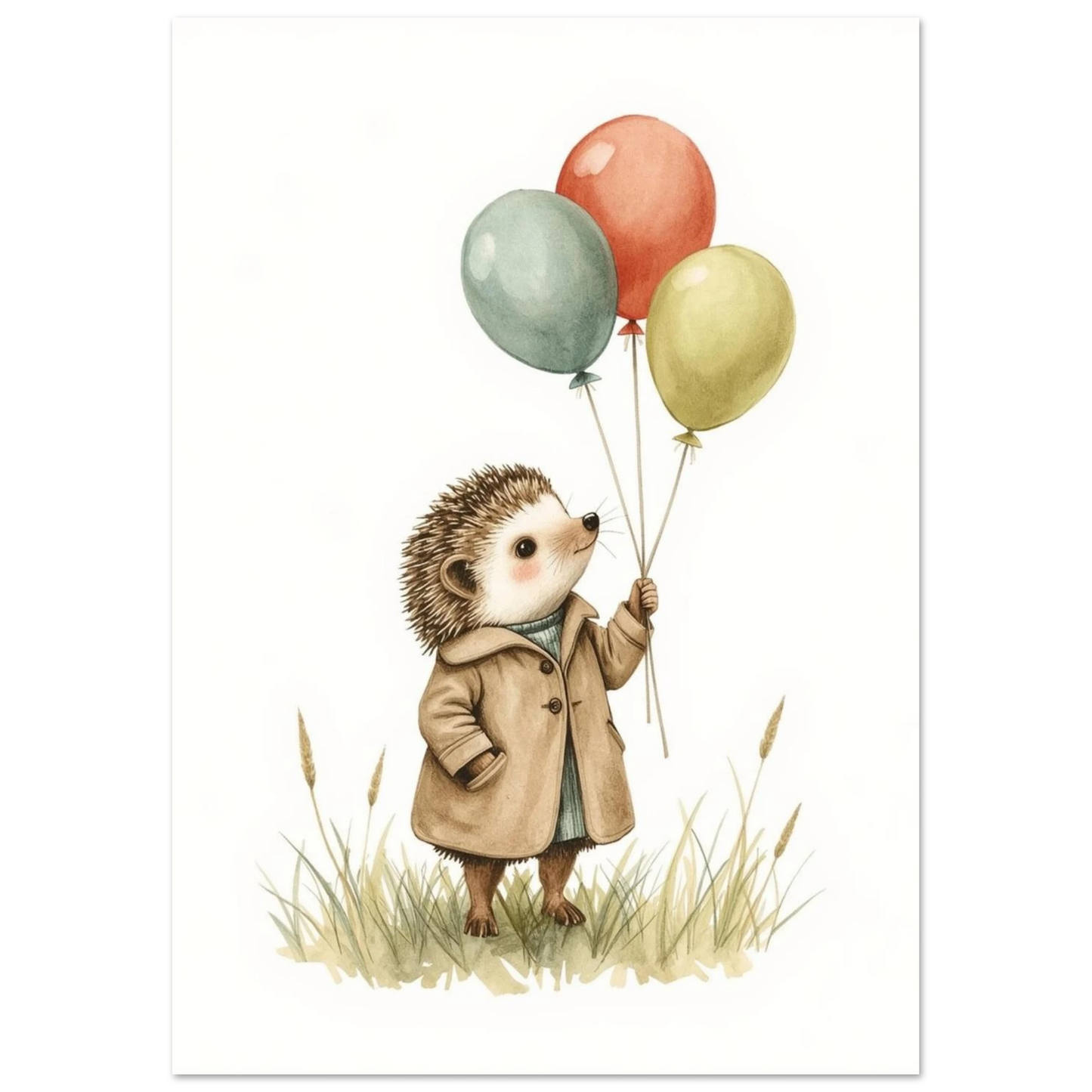 Sagoaktig igelkott bärande en brun kappa och färgglada ballonger, djurposter