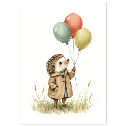 Sagoaktig igelkott bärande en brun kappa och färgglada ballonger, djurposter
