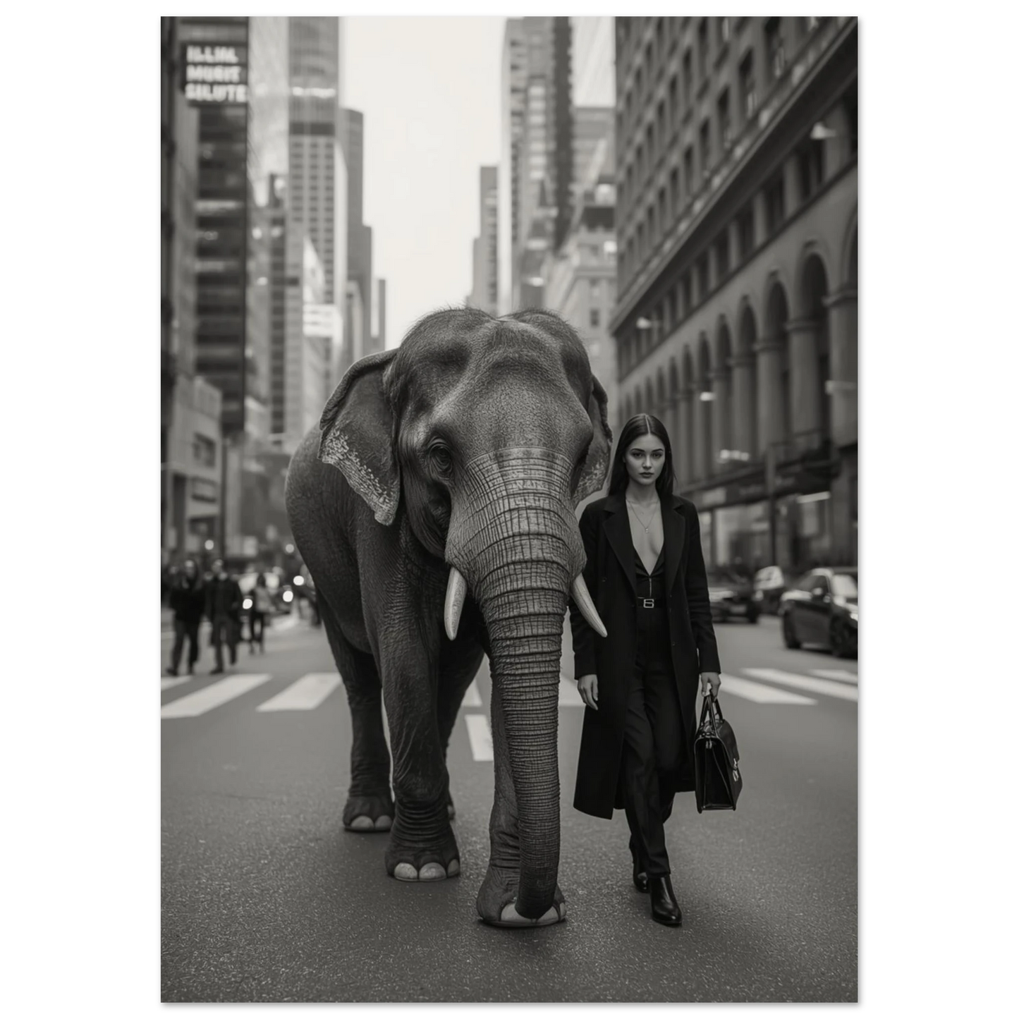 Surrealistiskt fotografi av elefant i urban miljö, svartvit djurposter