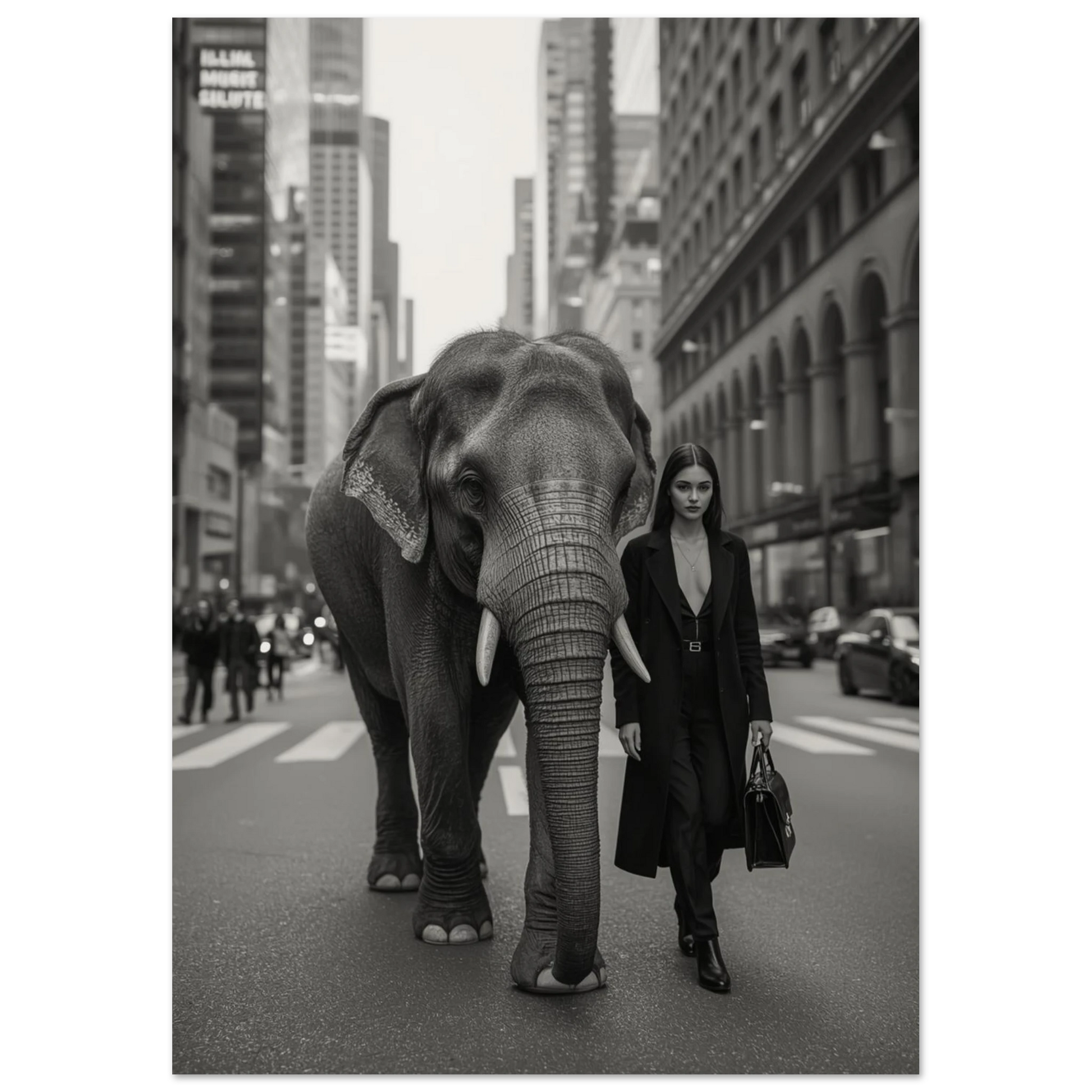 Surrealistiskt fotografi av elefant i urban miljö, svartvit djurposter