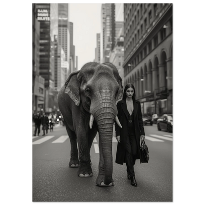 Surrealistiskt fotografi av elefant i urban miljö, svartvit djurposter