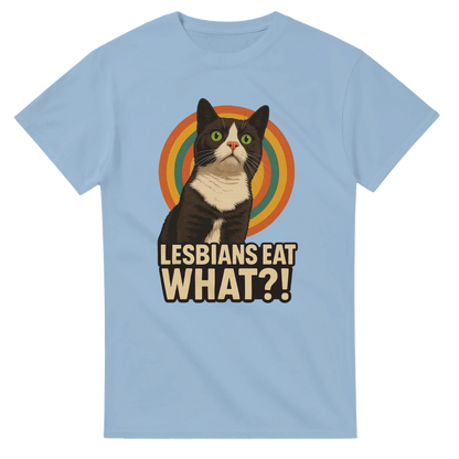 Ljusblå t-shirt med retro kattmotiv och färgglada cirklar i bakgrunden