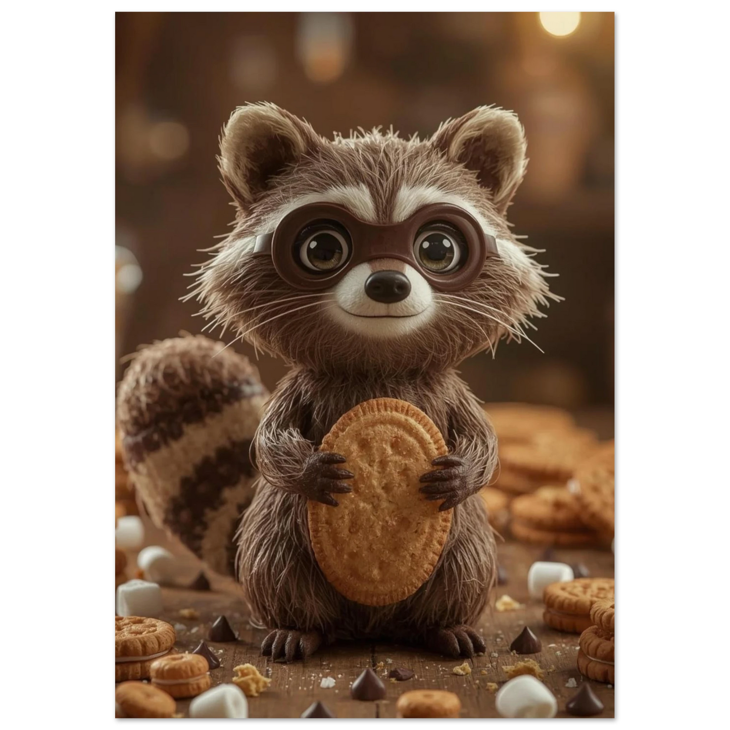 Söt tvättbjörnsposter med chokladknappar och bakverk i mjukt ljus