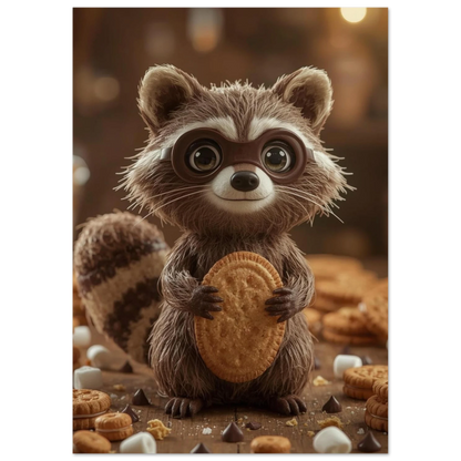 Söt tvättbjörnsposter med chokladknappar och bakverk i mjukt ljus