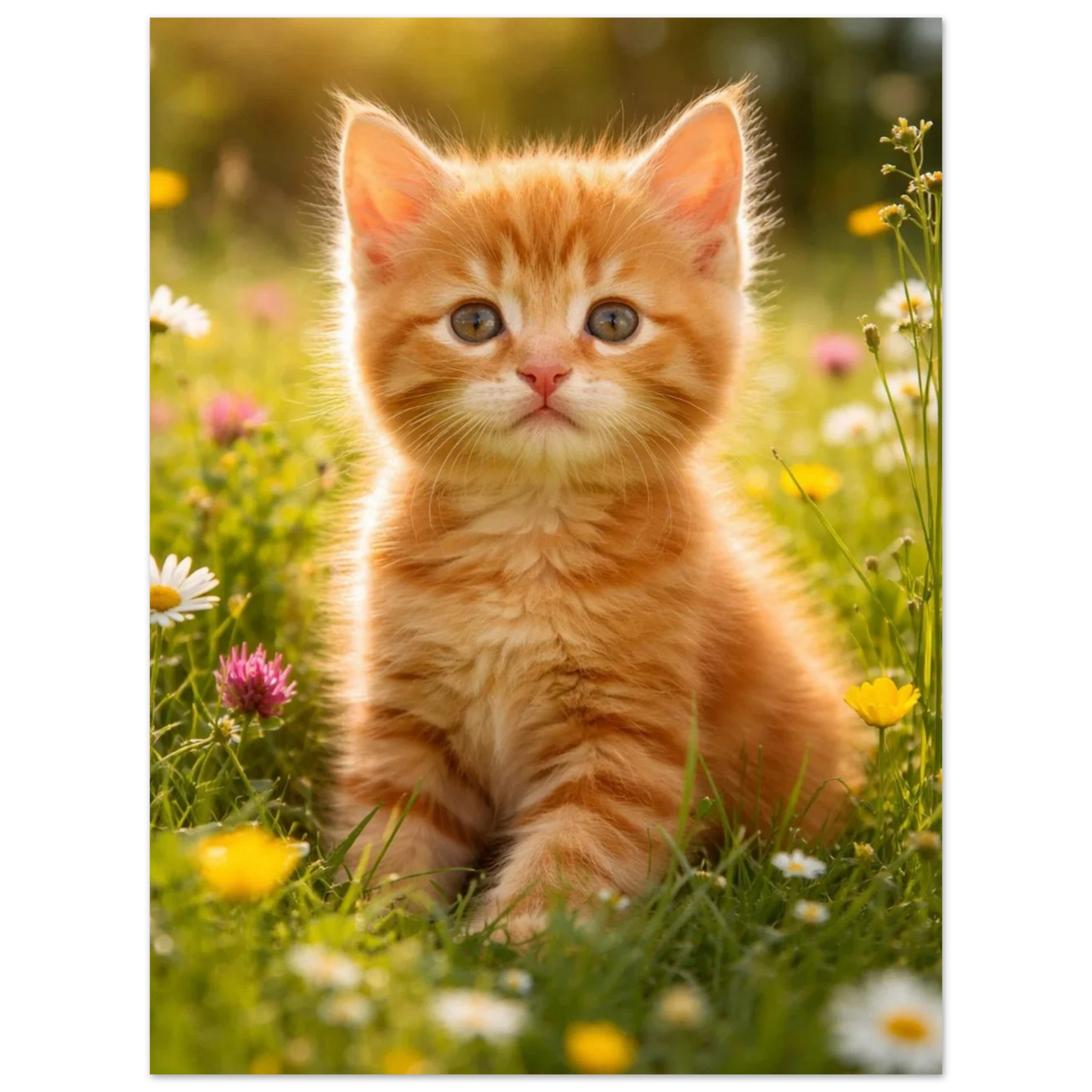 Närbild på orange kattunge omgiven av vilda blommor – Fotorealistisk poster