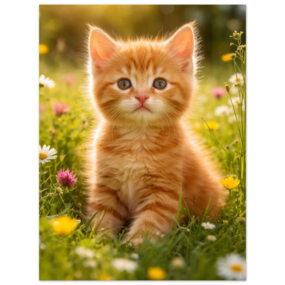 Närbild på orange kattunge omgiven av vilda blommor – Fotorealistisk poster