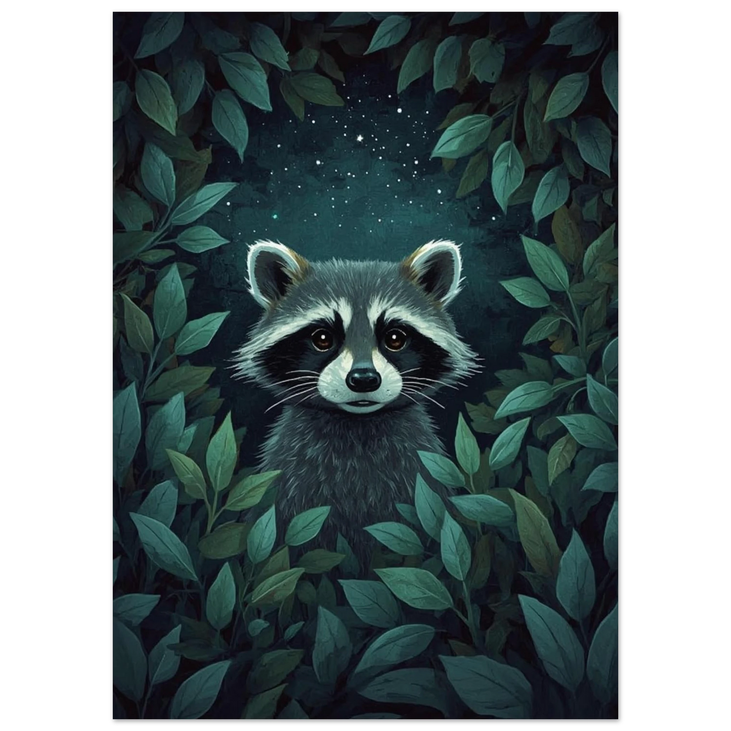 Nattlig illustration av en tvättbjörn omgiven av djupgröna blad och stjärnor