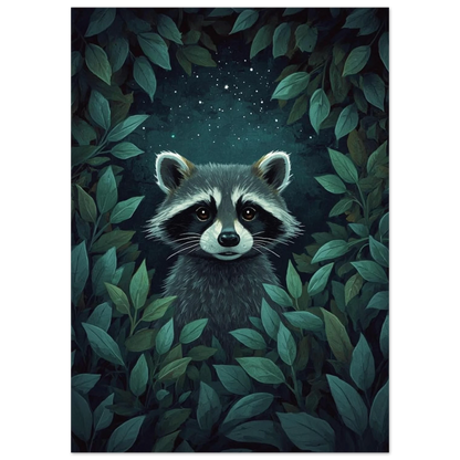 Nattlig illustration av en tvättbjörn omgiven av djupgröna blad och stjärnor