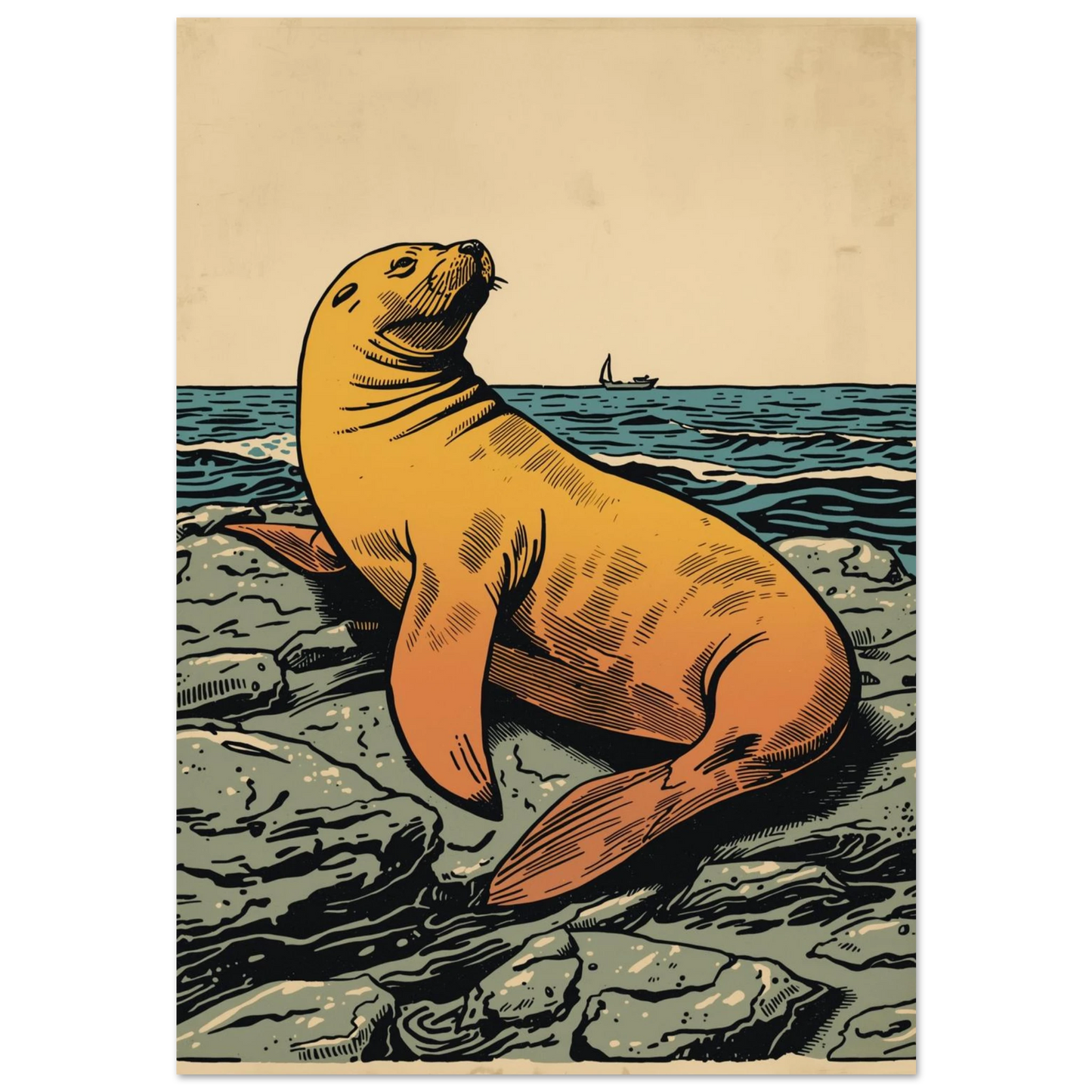 Retro illustration av ett gult sjölejon på grå klippor vid havet