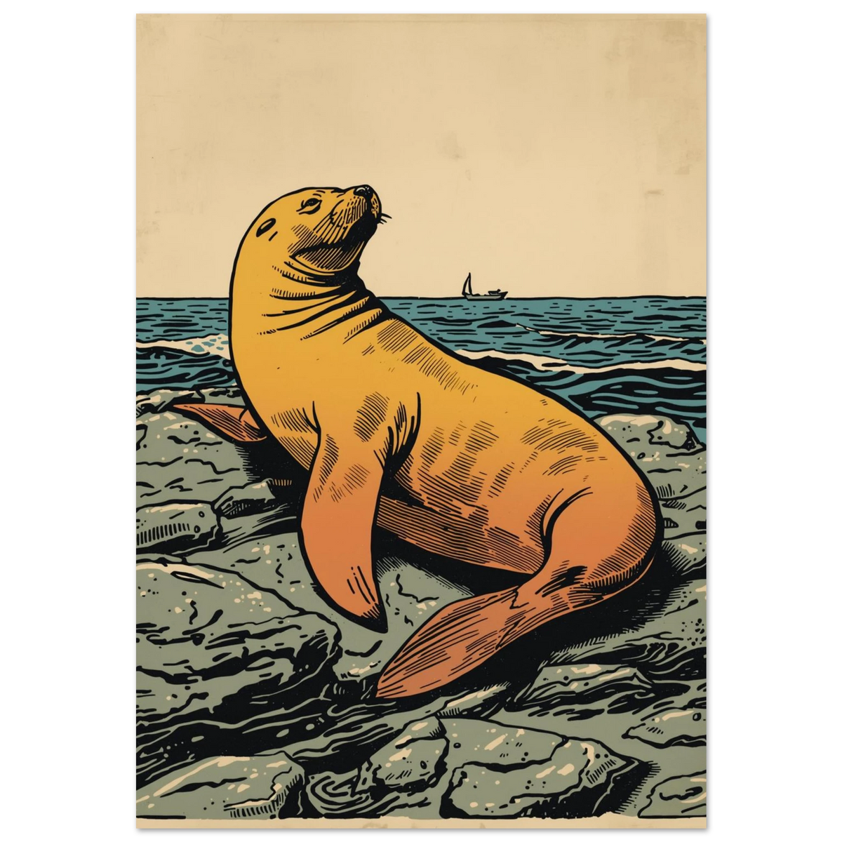 Retro illustration av ett gult sjölejon på grå klippor vid havet