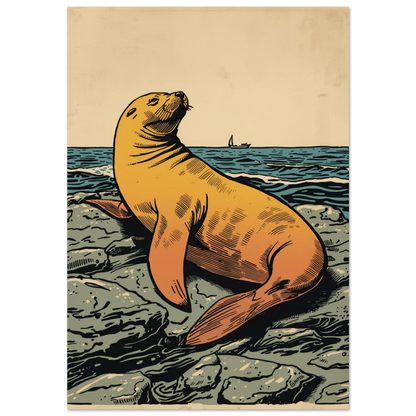 Retro illustration av ett gult sjölejon på grå klippor vid havet