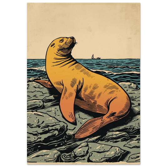 Retro illustration av ett gult sjölejon på grå klippor vid havet