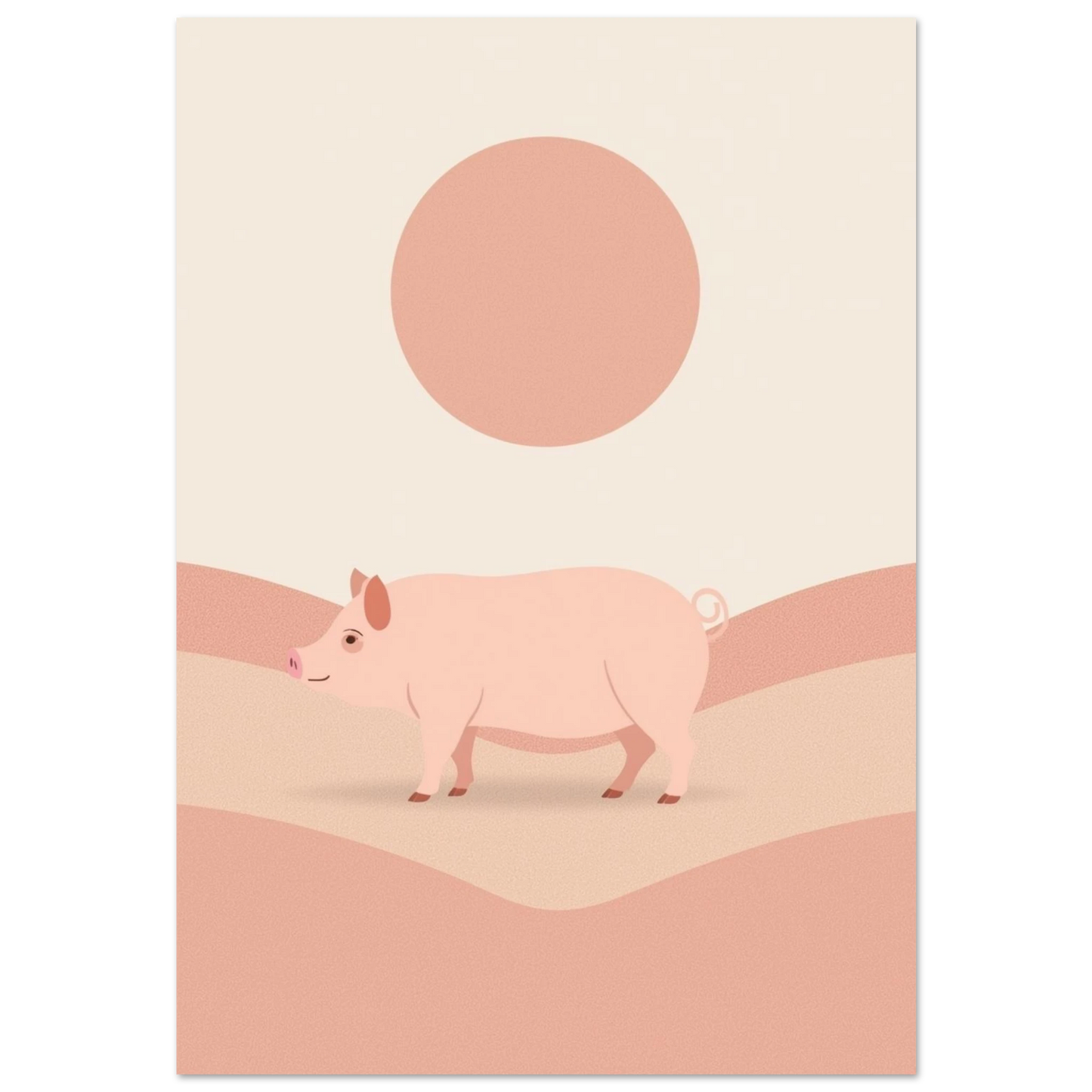 Minimalistisk illustration av en rosa gris i ett beige kullandskap