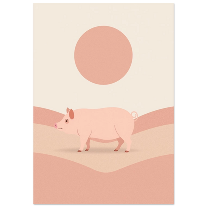 Minimalistisk illustration av en rosa gris i ett beige kullandskap