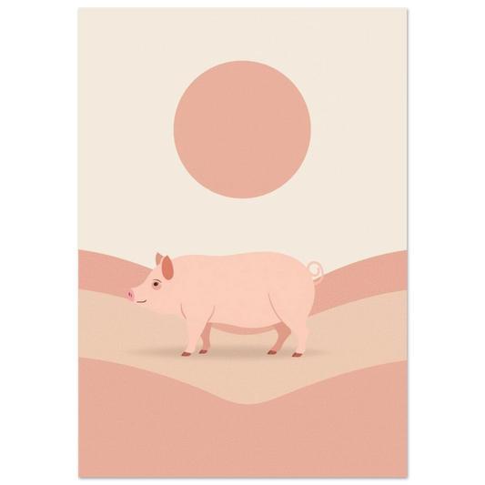 Minimalistisk illustration av en rosa gris i ett beige kullandskap
