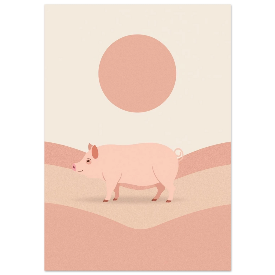 Minimalistisk illustration av en rosa gris i ett beige kullandskap