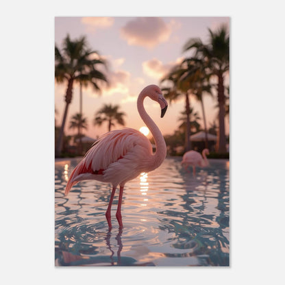 Elegant flamingo som står i vatten med siluetter av palmer bakom