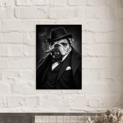 Klassisk engelsk bulldogg i retro kostym på mörk bakgrund – Fotorealistisk poster