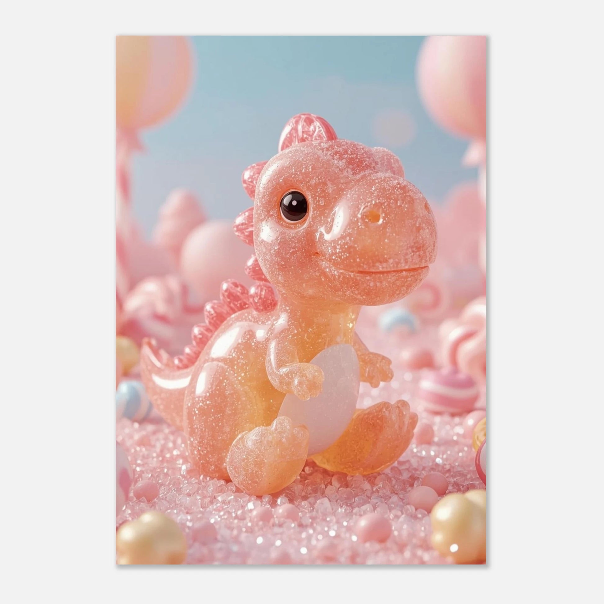Pastellfärgad barnrumsposter föreställande en vänlig liten dinosaurie i godisland