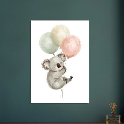 Söt koala som sover, håller i pastellfärgade ballonger, mjuk illustration.