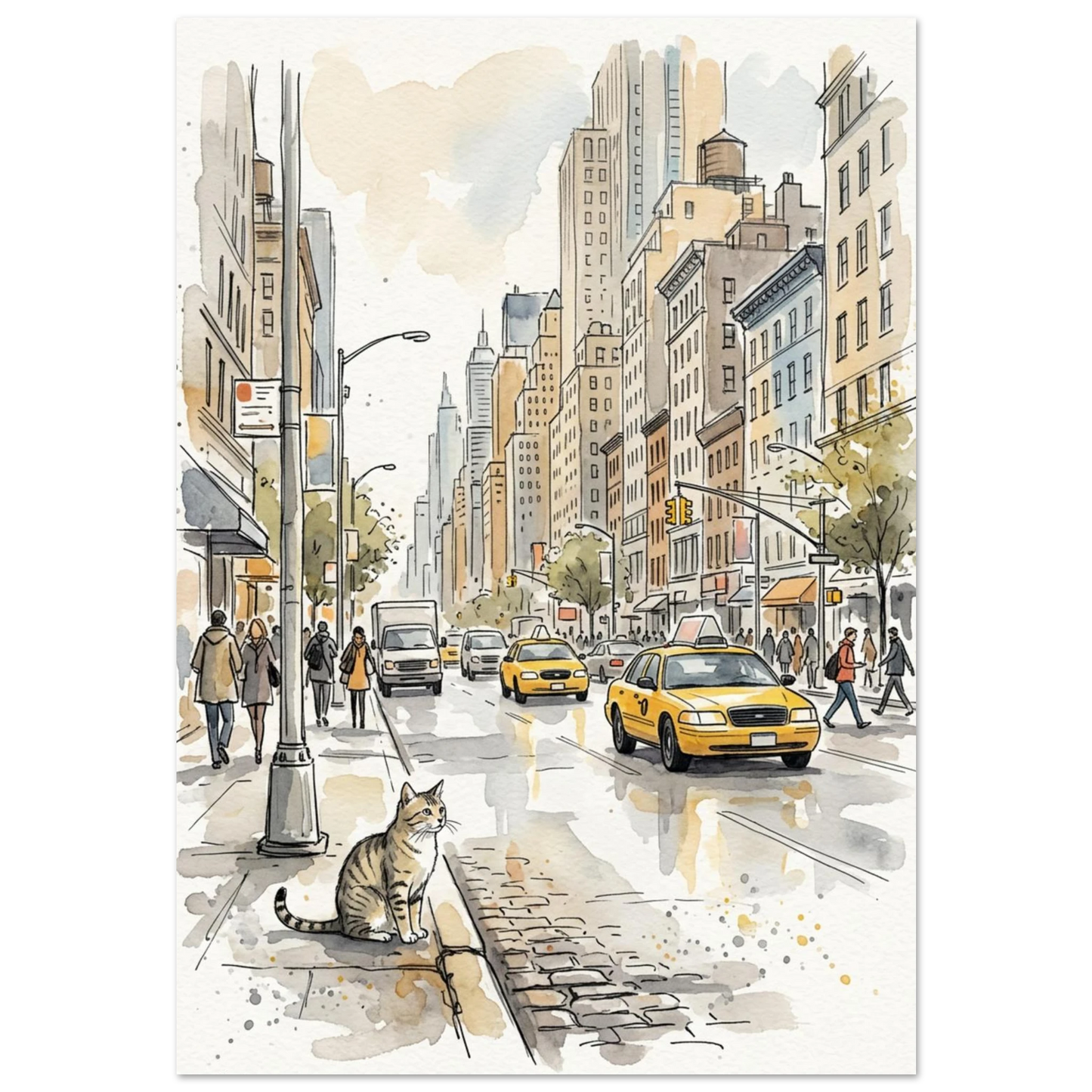Akvarellmålning av en katt på trottoaren i New York med gula taxibilar
