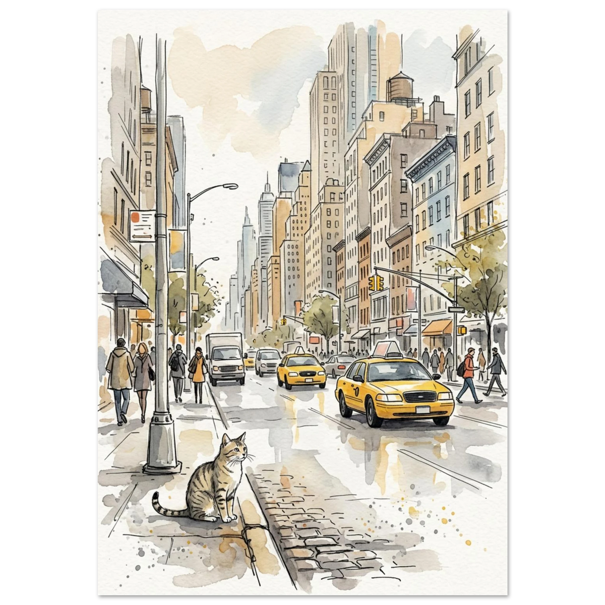 Akvarellmålning av en katt på trottoaren i New York med gula taxibilar