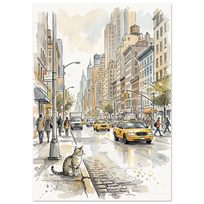 Akvarellmålning av en katt på trottoaren i New York med gula taxibilar