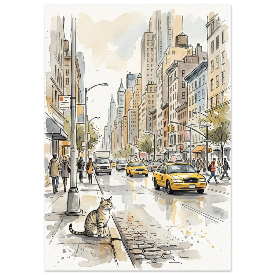 Akvarellmålning av en katt på trottoaren i New York med gula taxibilar