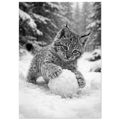 Närbild på en lekfull lodjursunge i snön, med barrskog i bakgrunden – Fotorealistisk poster