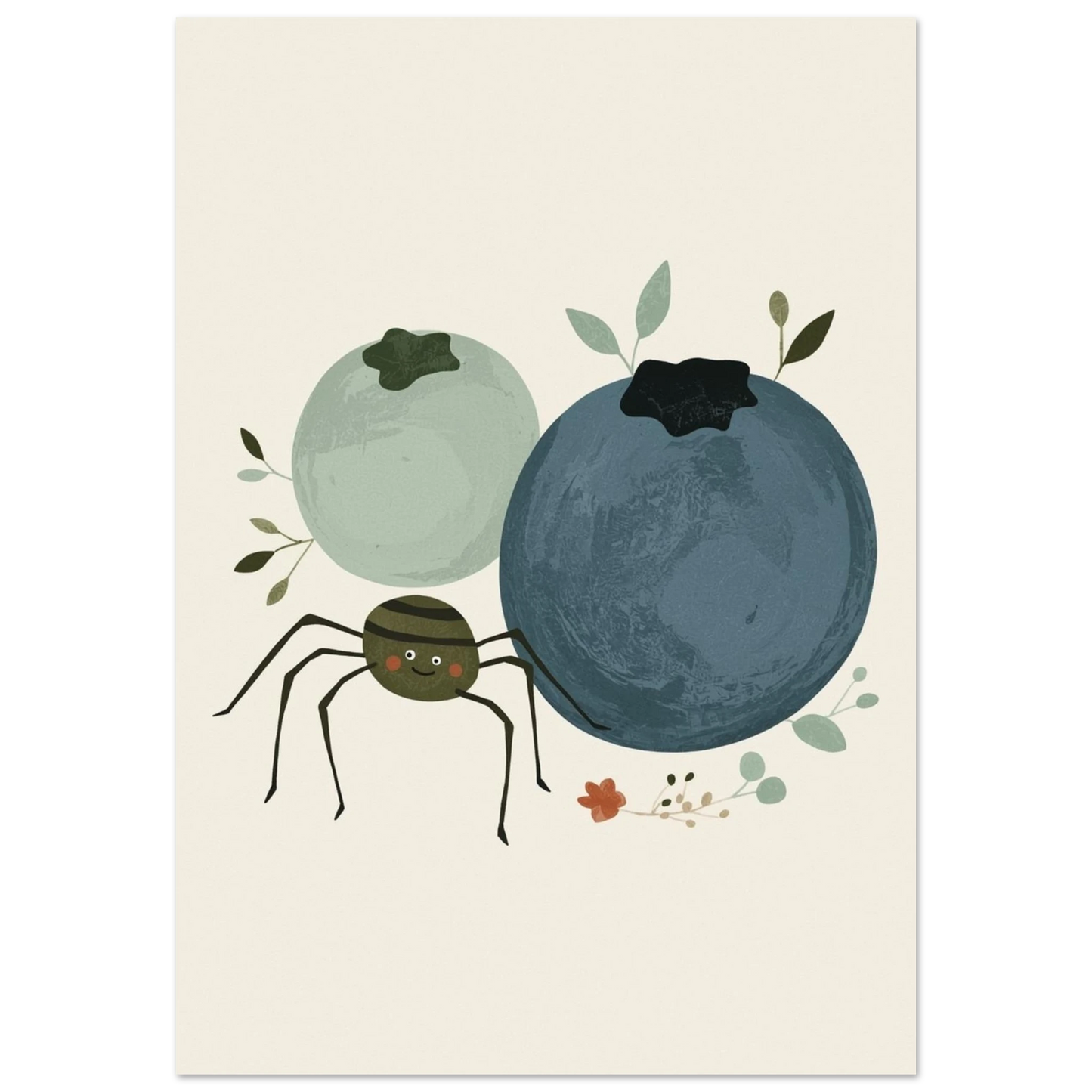 Tecknad illustration av en söt spindel bland två blåbär på en ljus bakgrund – Tecknad poster