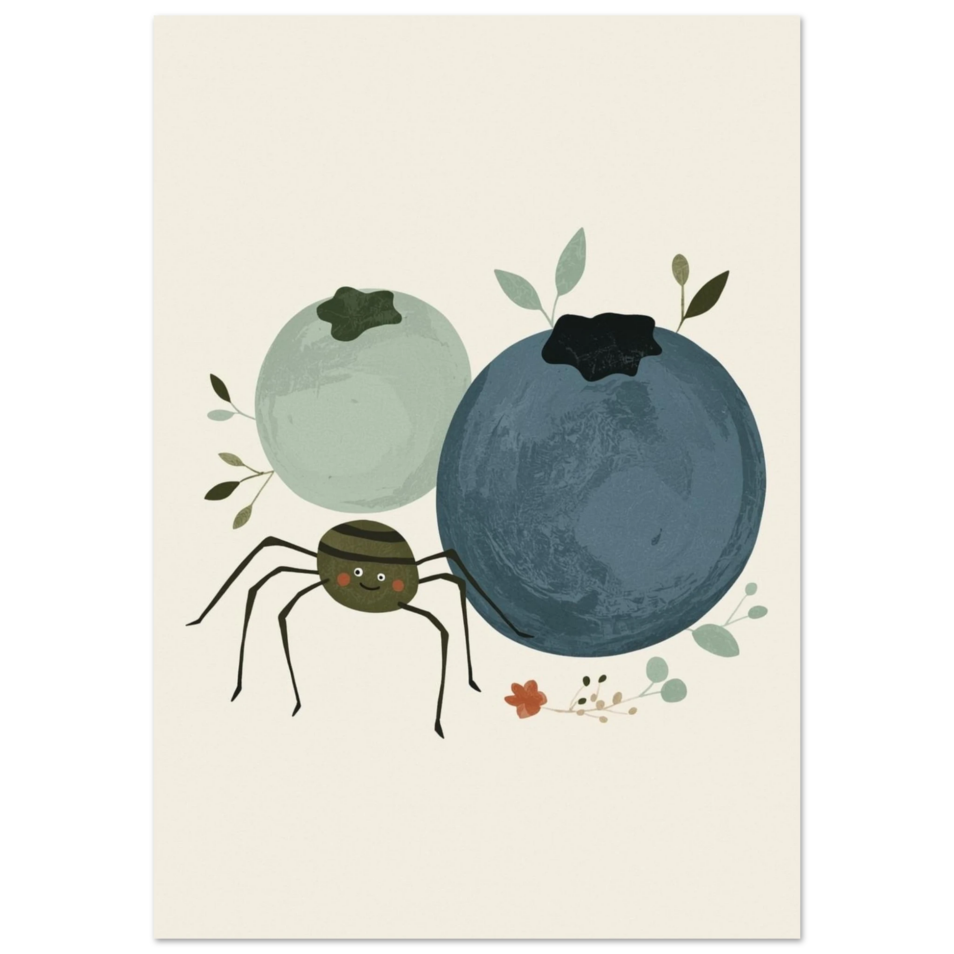 Tecknad illustration av en söt spindel bland två blåbär på en ljus bakgrund – Tecknad poster