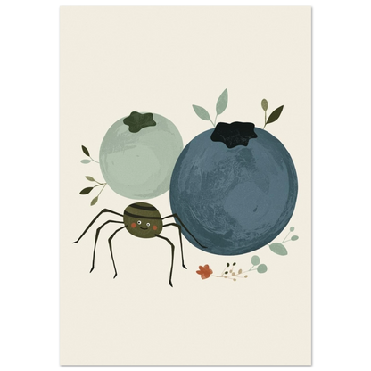 Tecknad illustration av en söt spindel bland två blåbär på en ljus bakgrund – Tecknad poster