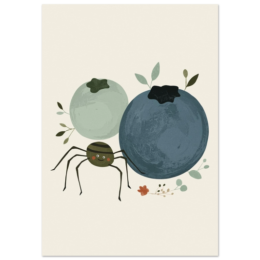 Tecknad illustration av en söt spindel bland två blåbär på en ljus bakgrund – Tecknad poster