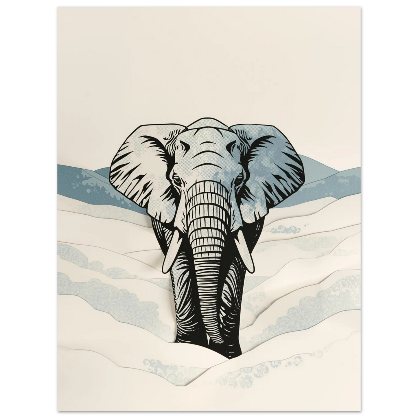 Ståtlig elefant i grafisk stil med mjuka blå vintervågor nedtill