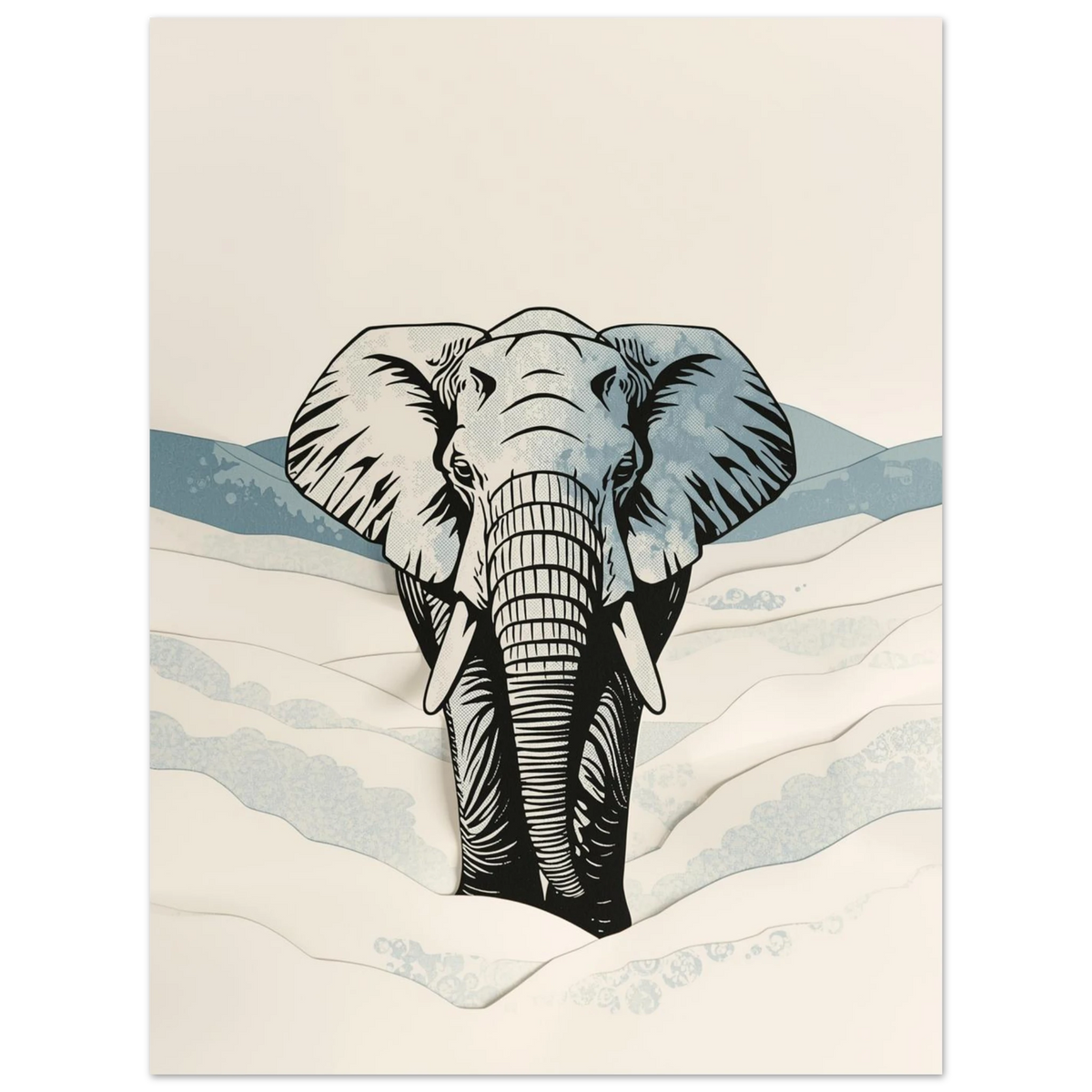 Ståtlig elefant i grafisk stil med mjuka blå vintervågor nedtill