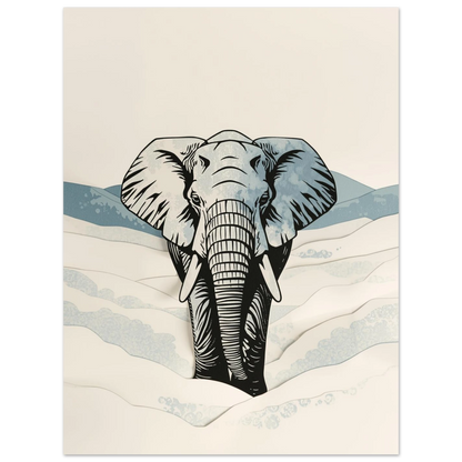 Ståtlig elefant i grafisk stil med mjuka blå vintervågor nedtill
