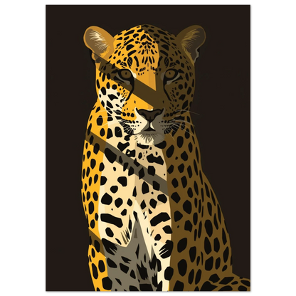 Stiliserad leopardposter med guldgula toner och linjärt ljusinsläpp över ansiktet