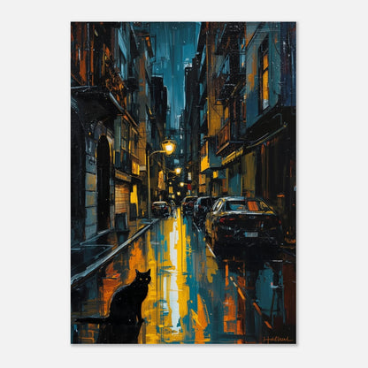 Svart katt som tyst betraktare i en upplyst nattlig storstad – modern poster