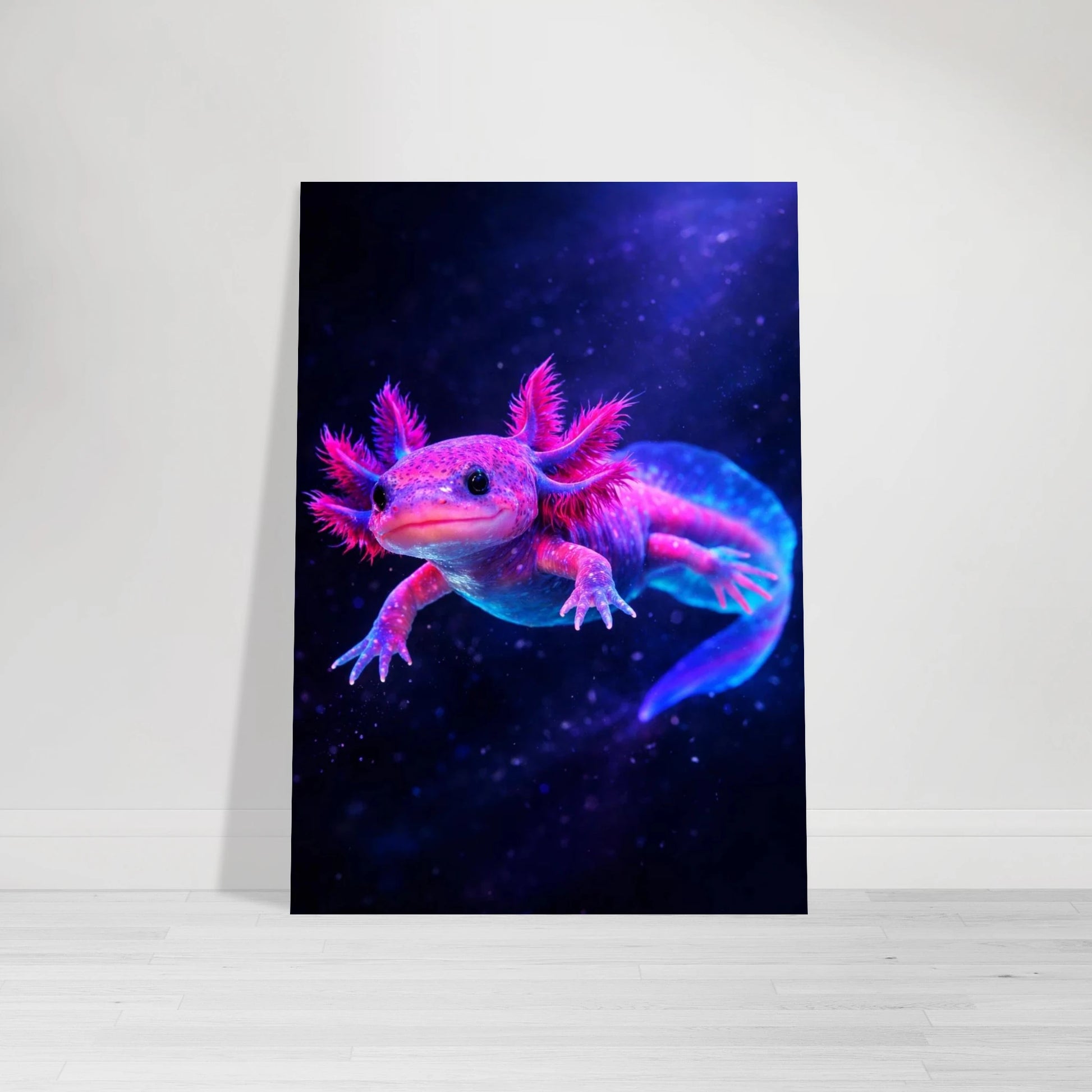 Modern illustration av en neon-axolotl sedd framifrån mot mörk bakgrund – Fotorealistisk poster