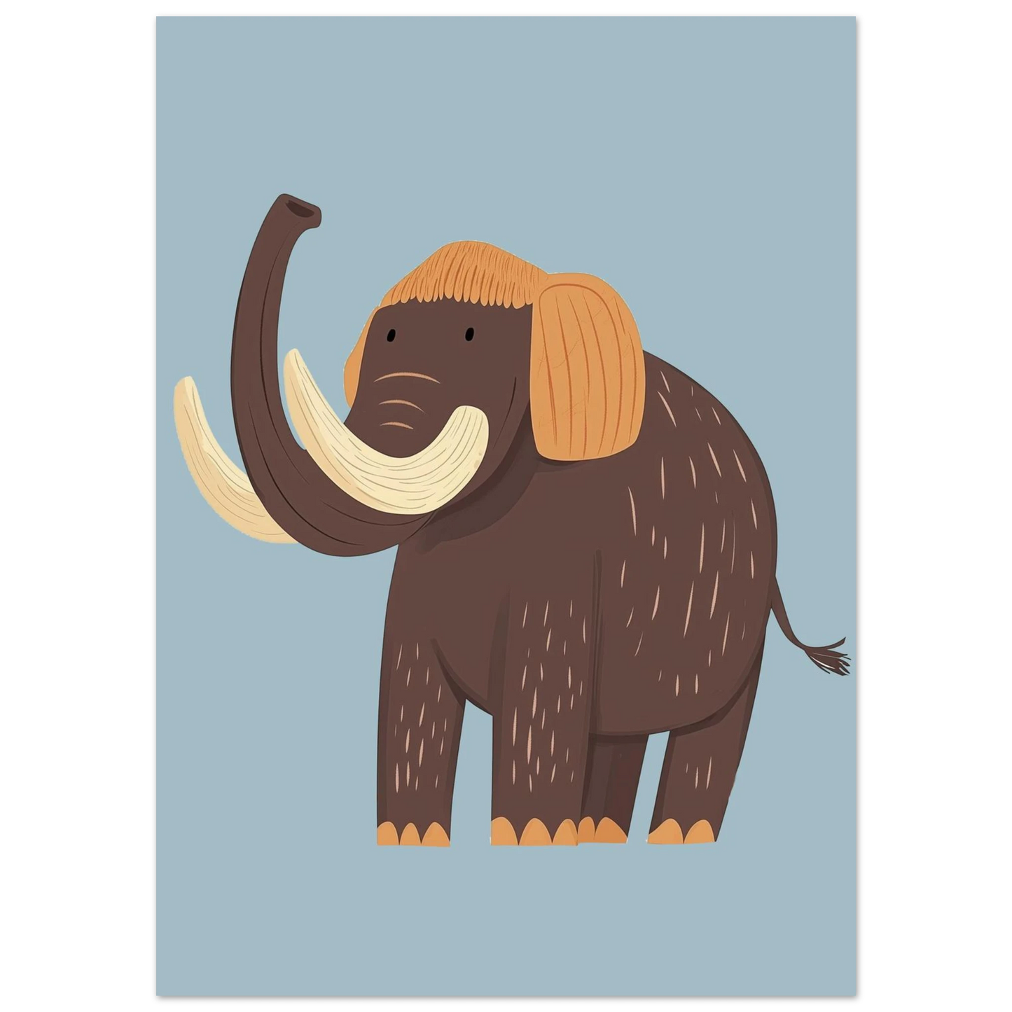 Närbild på illustrerad mammut med orange lugg och böjda betar