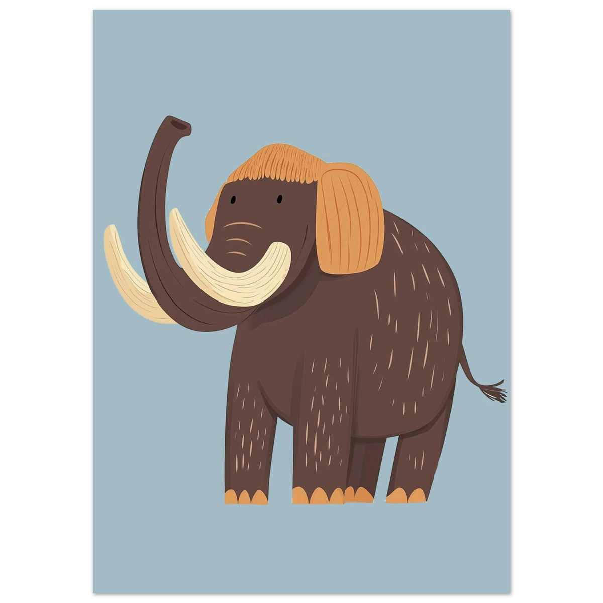 Närbild på illustrerad mammut med orange lugg och böjda betar