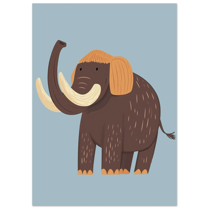 Närbild på illustrerad mammut med orange lugg och böjda betar