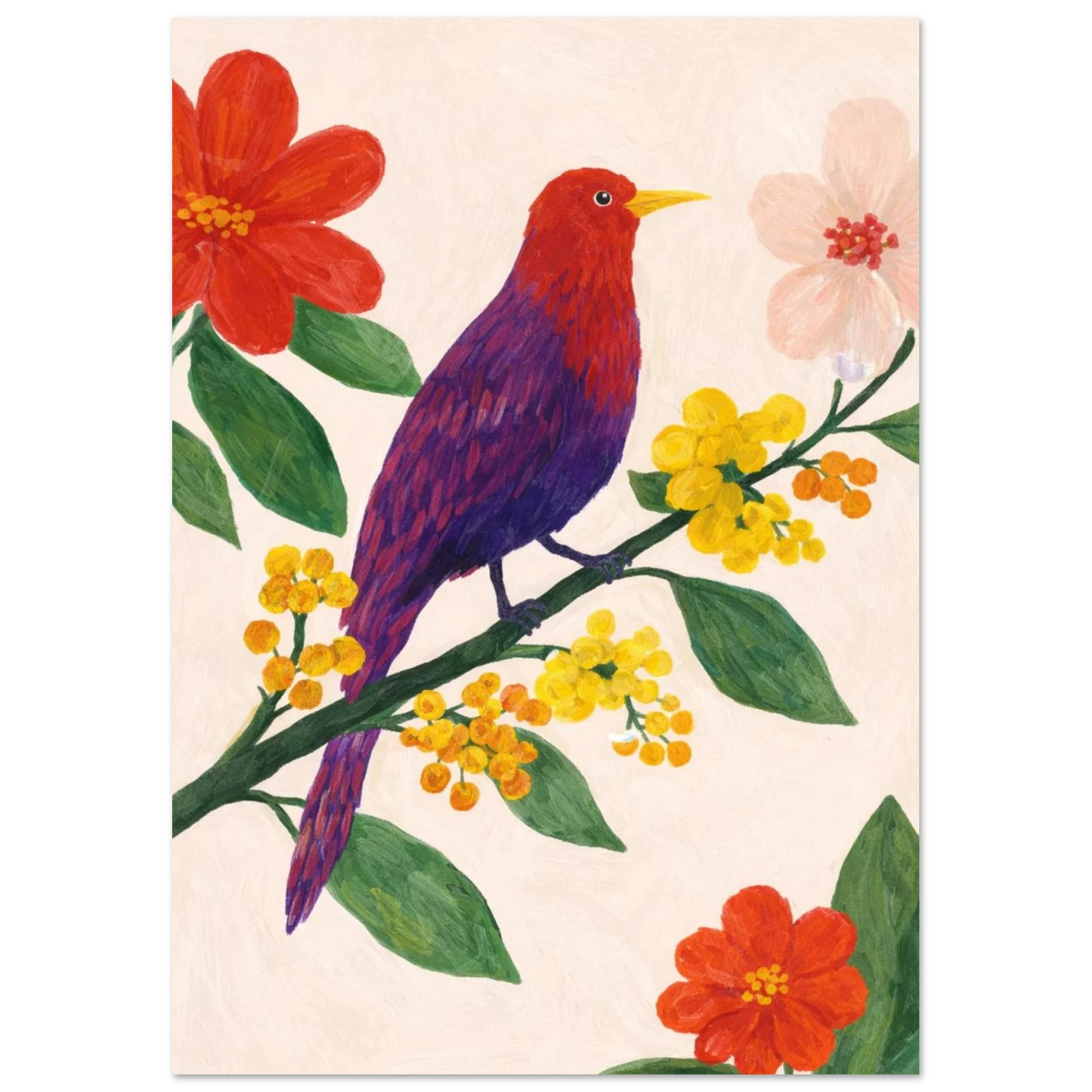 Närbild på färgstarkt fågelmotiv i handmålad stil – målad poster