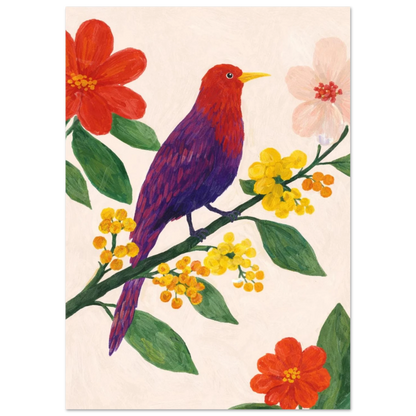 Närbild på färgstarkt fågelmotiv i handmålad stil – målad poster