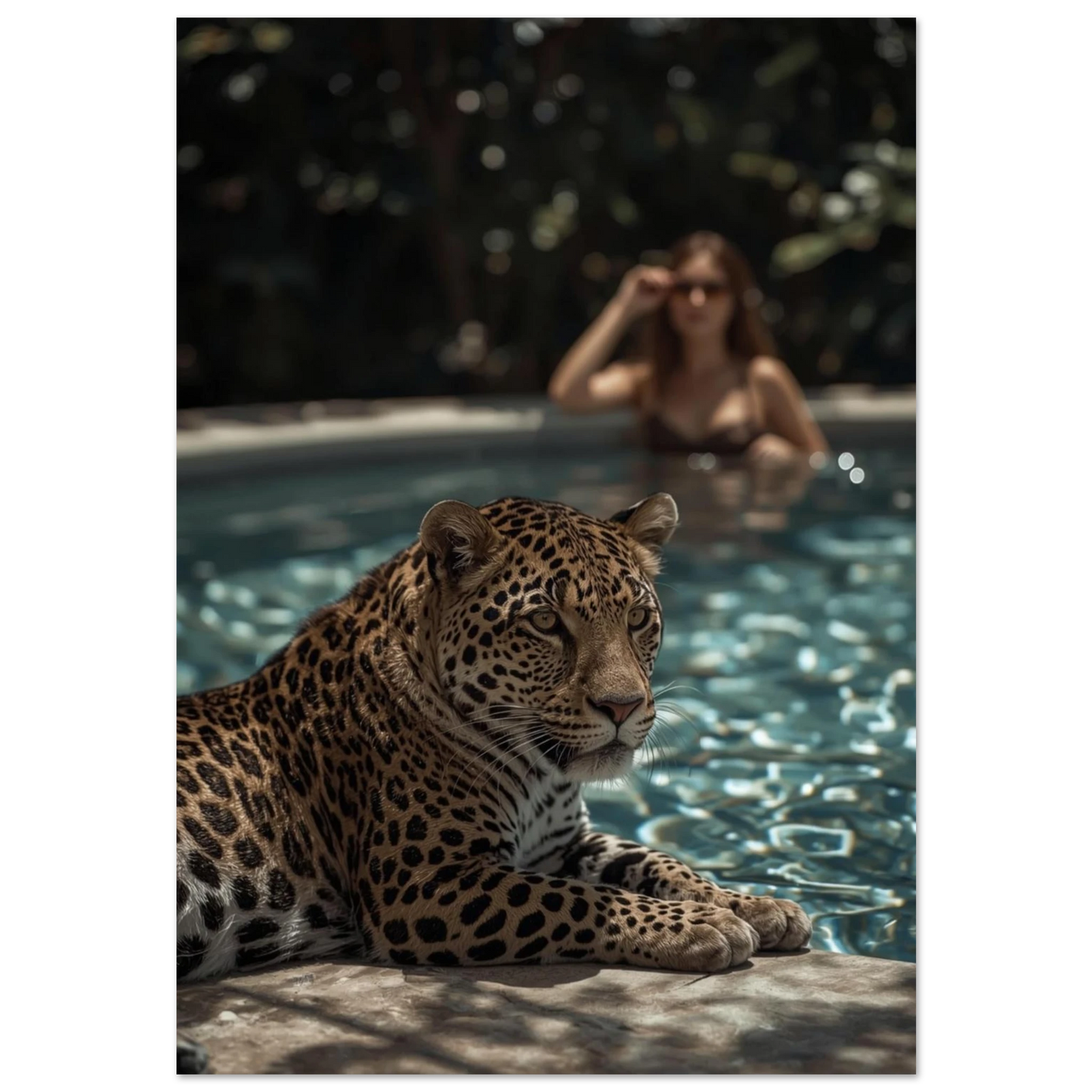 Leopard vilar vid poolkant med kvinna i bakgrunden – exklusiv fotoposter