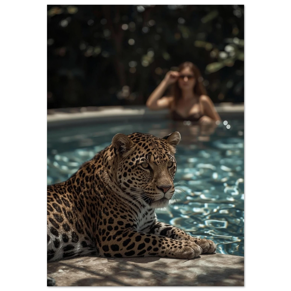 Leopard vilar vid poolkant med kvinna i bakgrunden – exklusiv fotoposter