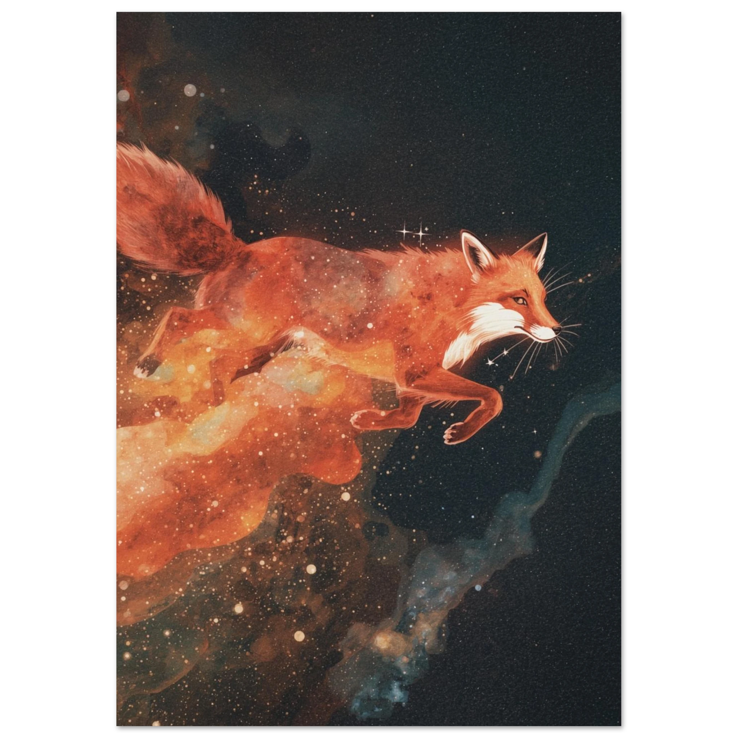 Mytisk rävposter med glödande päls i ett mörkt universum, rymdkonst