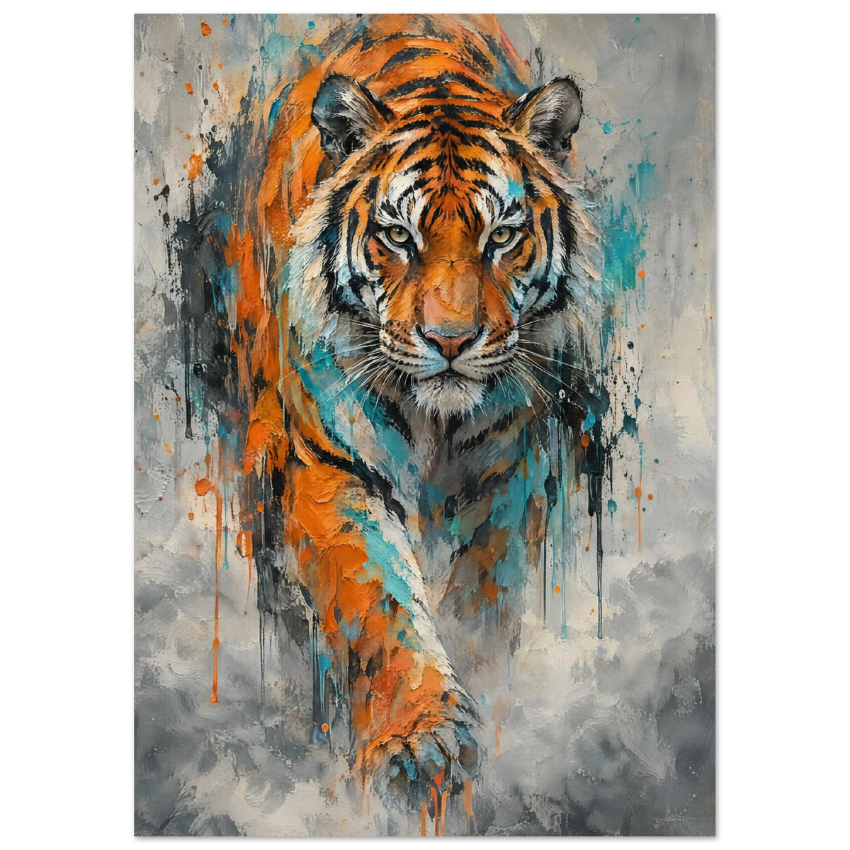 Tiger i expressiv oljemålning med intensiv blick och färgstänk