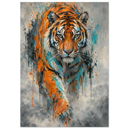 Tiger i expressiv oljemålning med intensiv blick och färgstänk